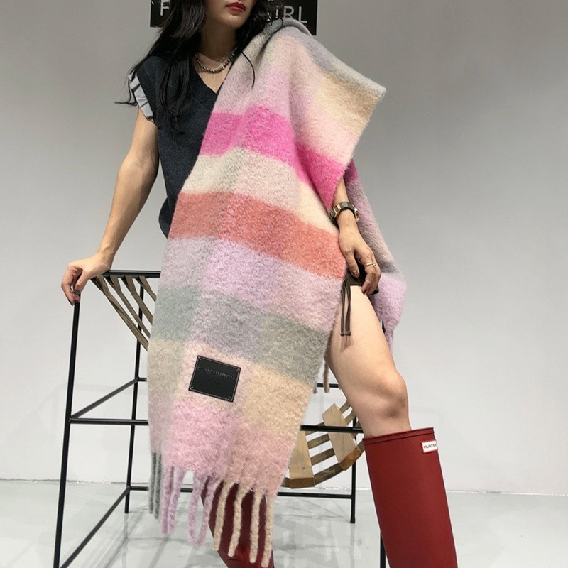 小衆デザイン感ウール格子衝突色マフラー女性秋冬保温マフラー|undefined