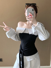 韩系别致休闲假两件衬衫女秋装一字领露肩长袖衬衣条纹拼接上衣潮