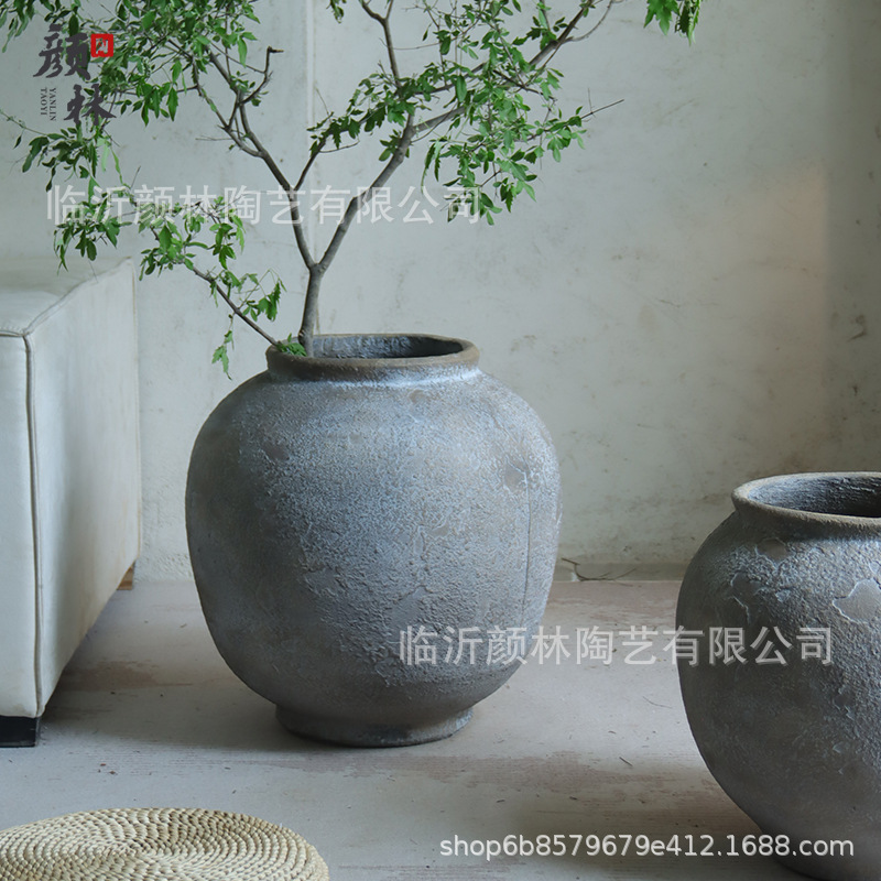 Feng Xixian vintage vasijas de cerámica, vasijas de cemento, vasijas de suelo, ornamentos de cerámica, interiores y exteriores, contenedores de macetas verdes
