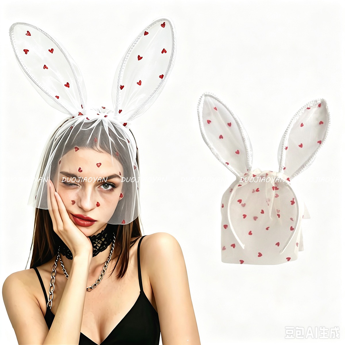Diadema de Encaje con Orejas de Conejo, Diadema Roja de Alta Gama, Estilo Conejita, para Fiestas, Baile, Hecha a Mano