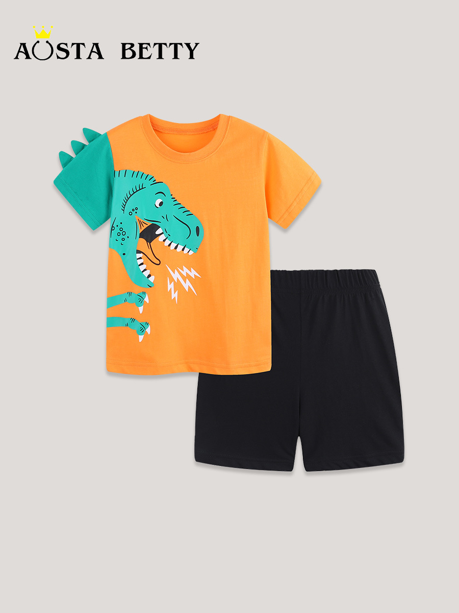 Nuevos productos de verano Traje para niños Traje de pantalones cortos para niños de estilo europeo y americano Traje de 2 piezas con estampado de dinosaurios de dibujos animados