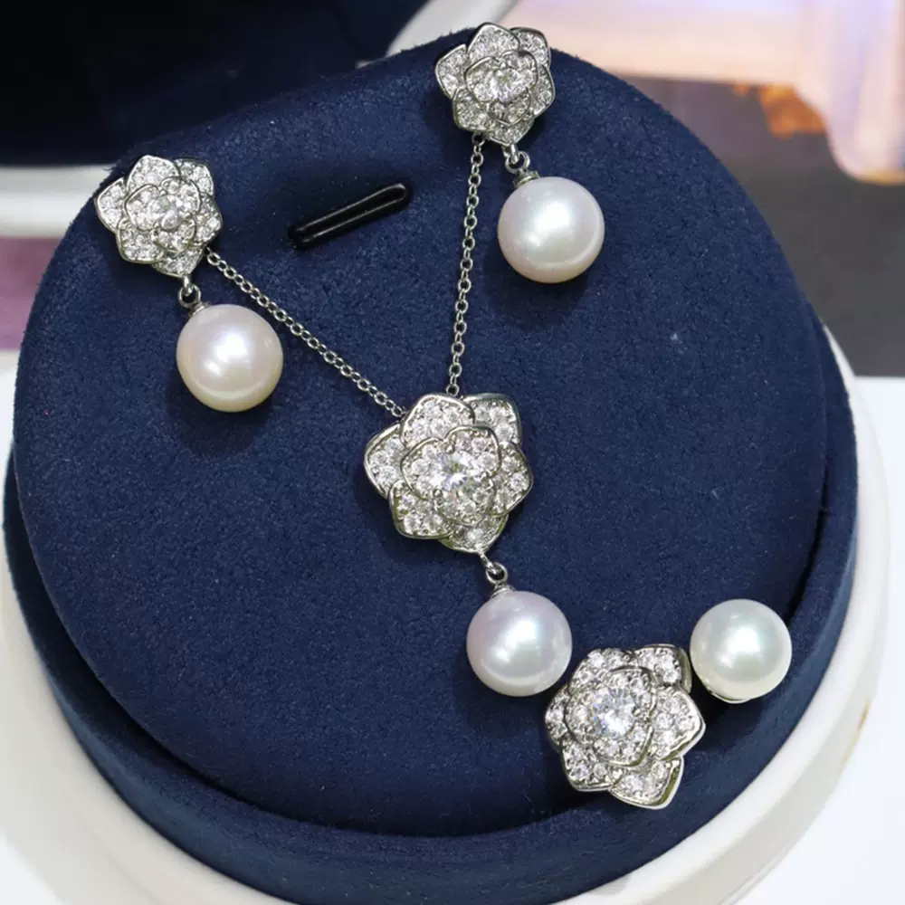 小香风天然淡水珍珠套装百搭18k包金时尚精美饰品高级轻奢山茶花