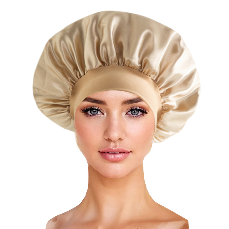 Amazon damas de borde ancho de alto elástico sombrero, sombrero de dormir, sombrero de baño, sombrero de quimioterapia, sombrero de seda, sombrero de cuidado del cabello transfronterizo