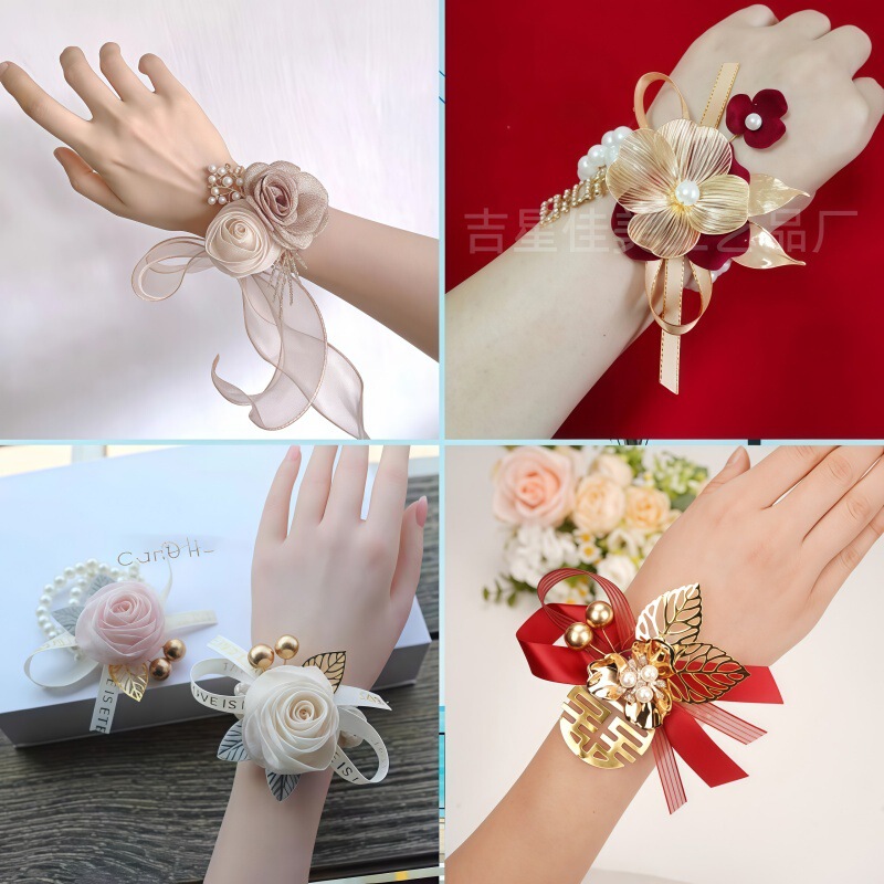 Hot Selling New Wedding Bride Bridesmaid Wrist Flower Double String Pearl Chain Wholesale Various Corsages Wedding Supplies