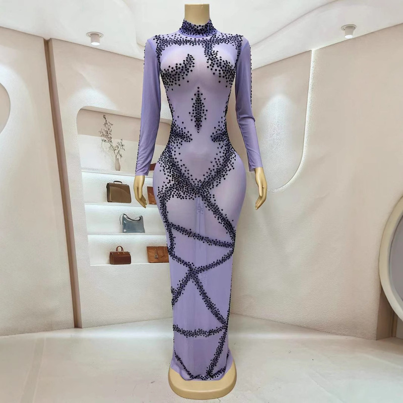 Cross-border Sexy Women's Party Dress Elegant Evening Dress Long-sleeved Black Rhinestone Print Mesh Dress