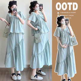 孕妇夏装2026新款法式穿搭两件套宽松遮肉短袖上衣时尚休闲半身裙