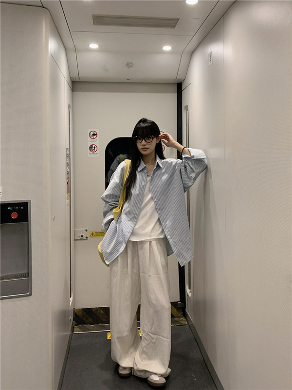 韩系松弛感廓形宽松奶蓝色条纹长袖衬衫外套上衣女春夏秋防晒衬衣|undefined