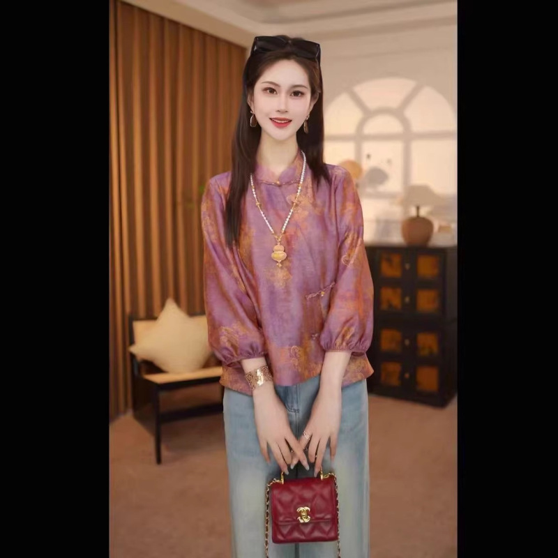 2026 Spring/Summer New Chinese Style Women's Clothing Shimmering Brocade Shirt Vintage Elegant Top Versatile Blouse