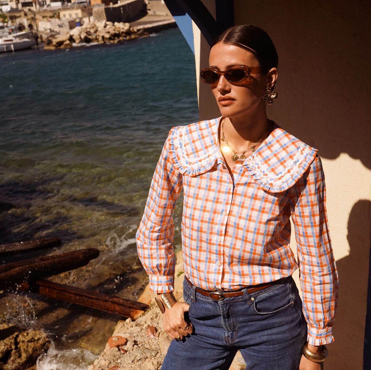 Europa y América comercio exterior ropa de mujer estilo retrógrado francés cuello de hoja de loto camisa de manga larga nicho de diseño cardigán ropa superior image 1