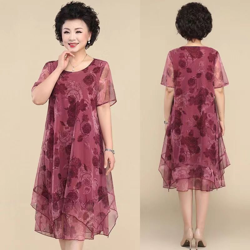 Middle-Aged and Elderly Women's Summer New Elegant Mesh Skirt 40 and 50 Years Old Foreign Style Large Size Mother's Lined Dress