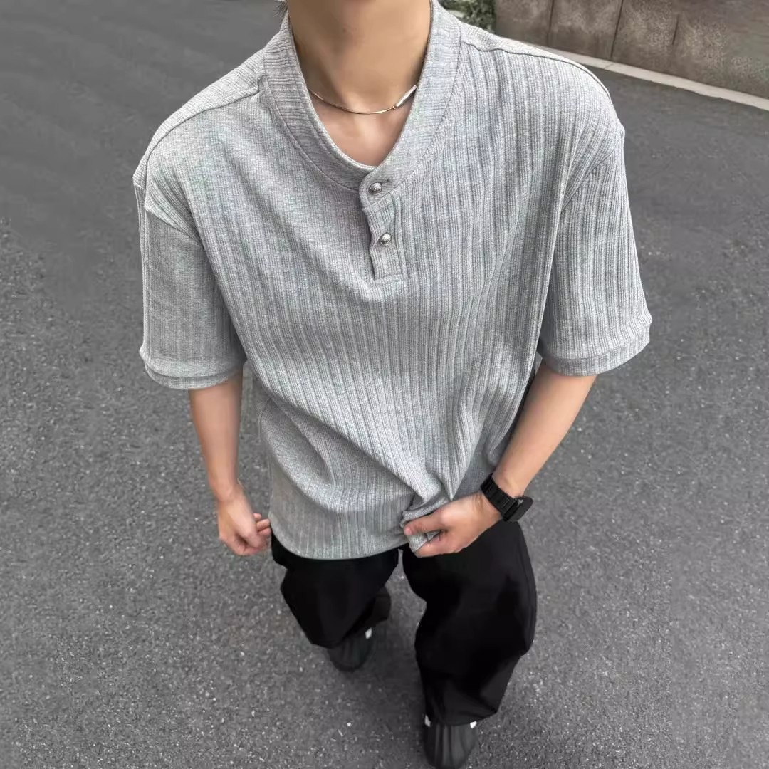 Old Qian Style cleanfit Texture Short Sleeve Men's Summer American Style Retro Boxy Henry Collar Knitted Polo Shirt