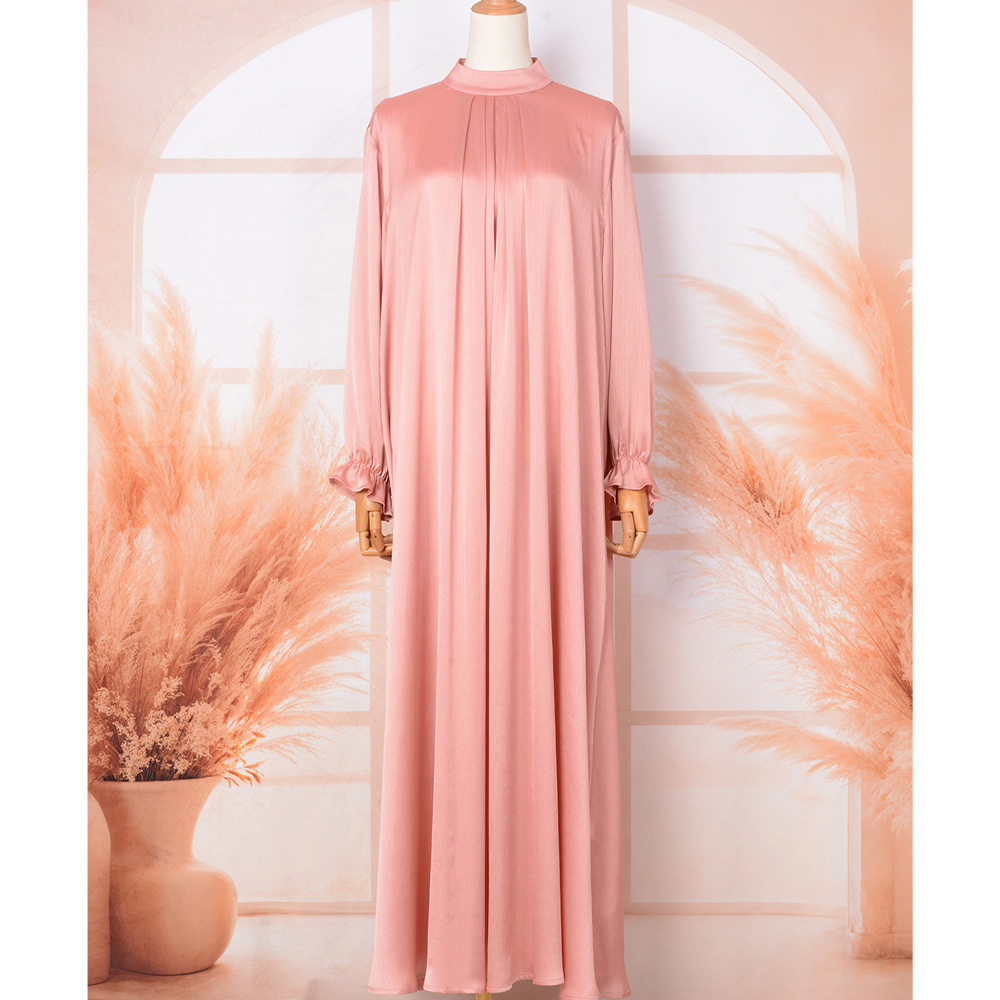 New Foreign Trade Cross-border Abaya, Middle Eastern Muslim Robe, Round-neck, Pleated, Solid Color, Elegant And_ecoleips.com