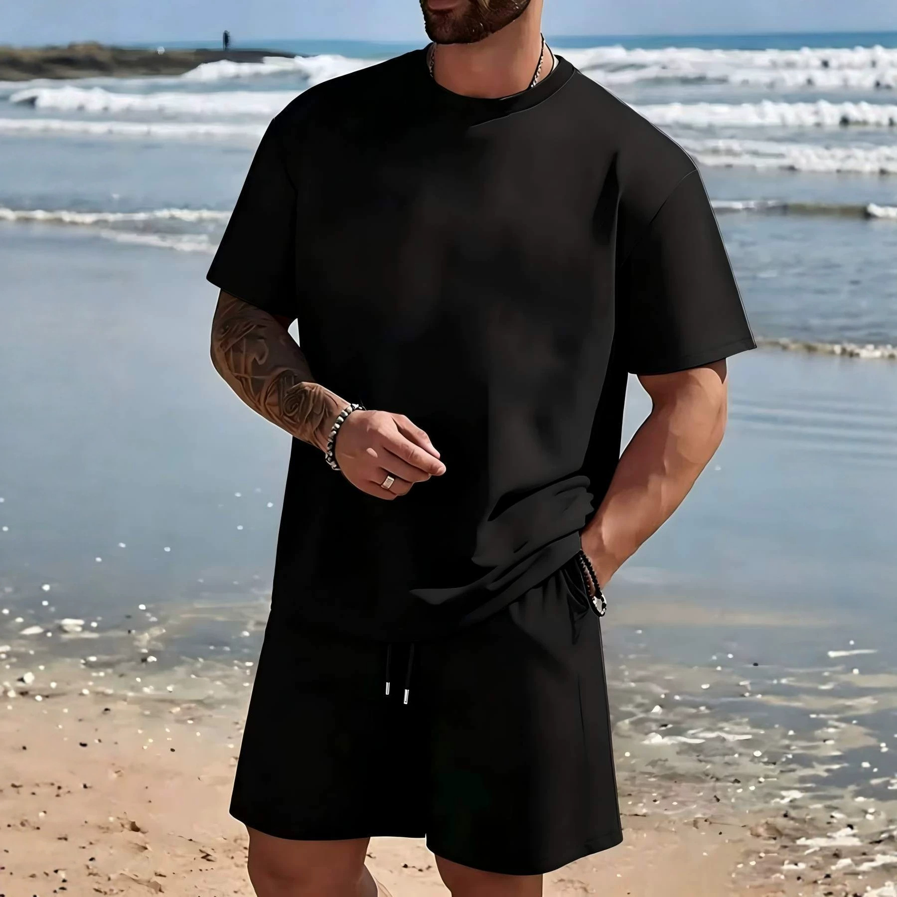 Fábrica de origen a través de la frontera para hacer un modelo de verano para hombres traje casual camiseta de color sólido manga corta manga deportiva