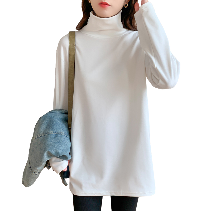 두꺼운 따뜻한 느슨한 플러스 사이즈 중장 최고 서양식 긴팔 티셔츠 여성용 트렌디 하이 칼라 베이스 셔츠