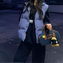韩系复古蓝色格子立领无袖百搭棉服马甲背心女秋冬季加厚棉衣外套