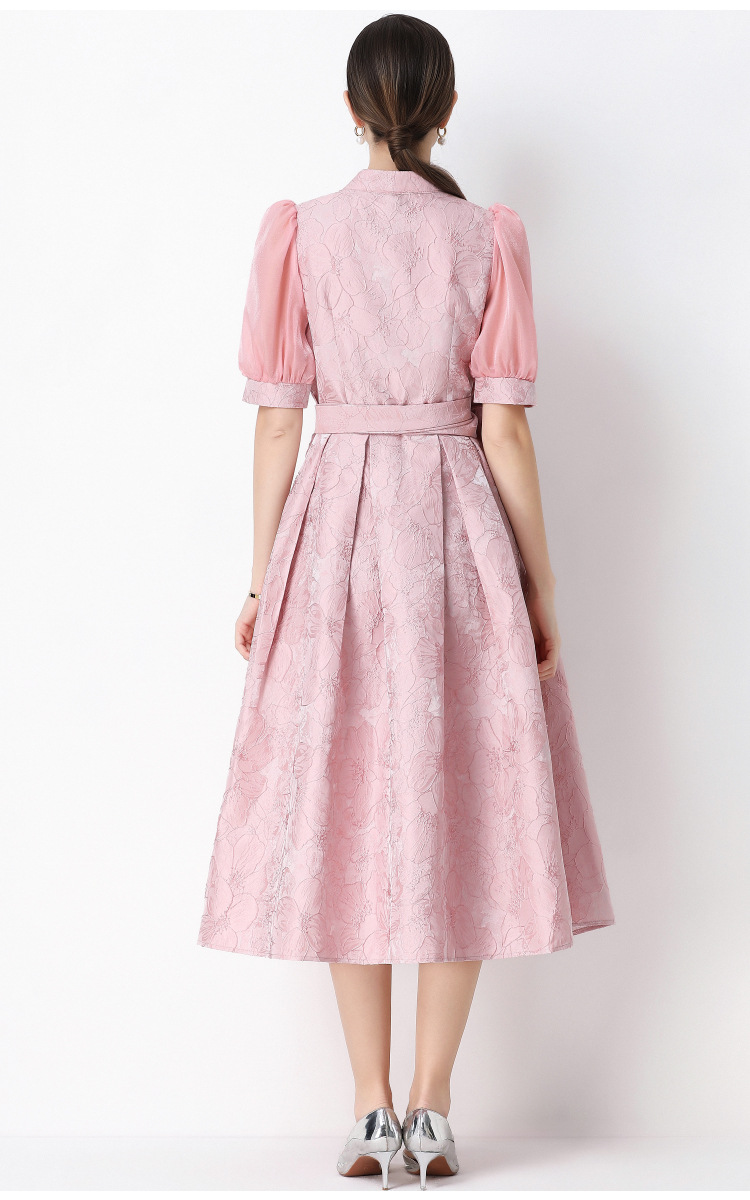 Đầm maxi nữ thắt eo V cổ tay ngắn họa tiết jacquard thanh lịch — màu đen, xanh lam, Màu hồng, màu trắng chi tiết 16