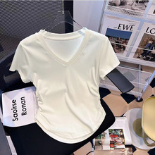 v领短袖松紧束腰圆弧下摆修身上衣打底女夏纯色正肩t恤日系百搭款