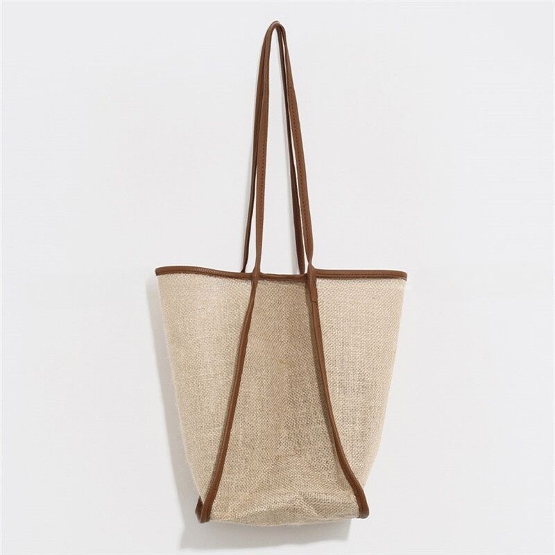 Korean Style Stitching Contrast Bucket Bag Women's All-Match Cotton Linen Canvas One-Shoulder Underarm Bag Large Capacity Mother and Baby Tote Bag Trendy