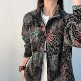 七彩格子美式复古立领卫衣男款春季潮牌高级感慵懒风针织开衫外套