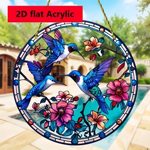 2D Flat Hummingbird Suncatcher - Hand Painted Acrylic Painted Art, Vibrant Floral with Bird Design,