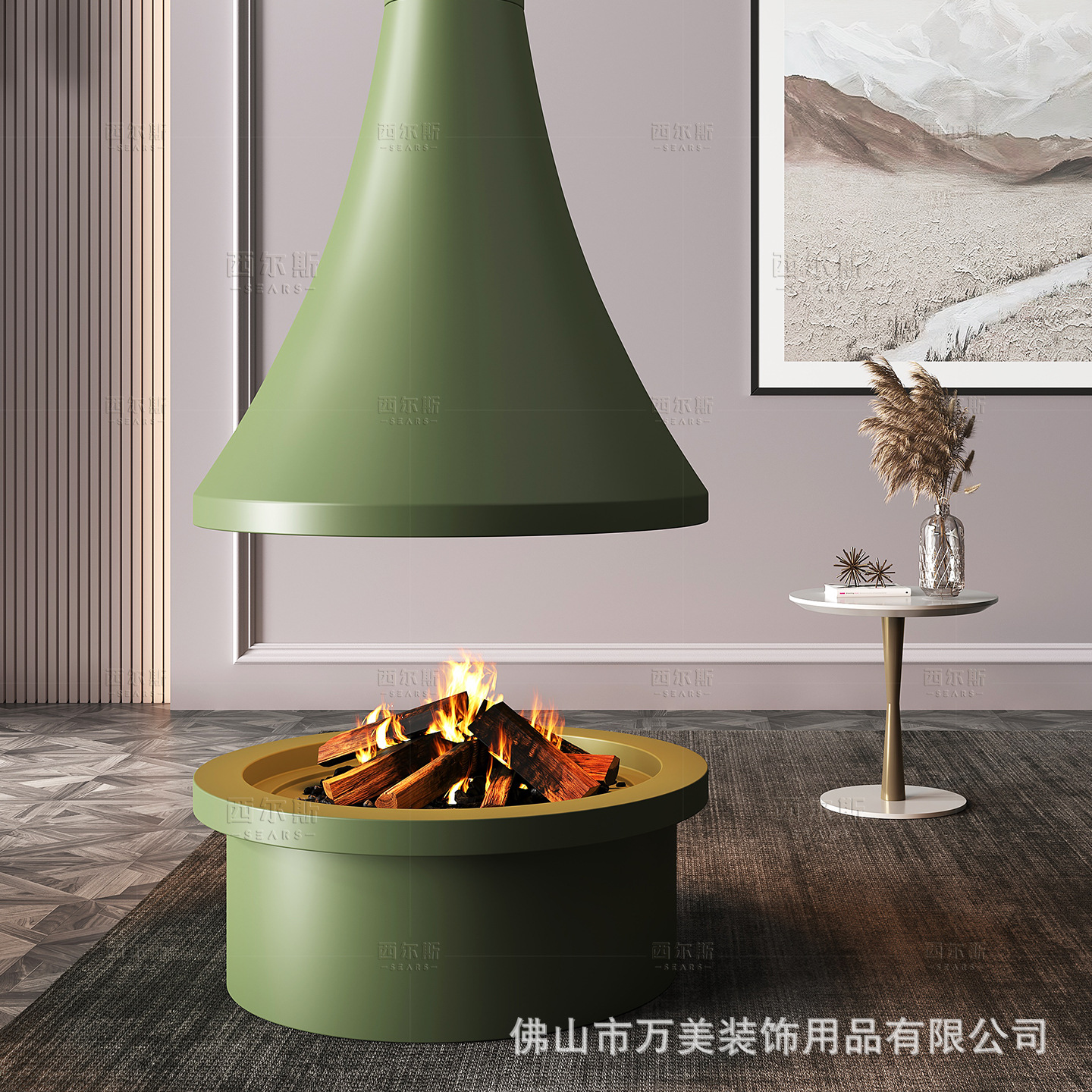 Light luxury funnel-shaped smoke vent, gas-powered real flame fireplace, atomizing alcohol gas, electronic carbon, open design, round shape