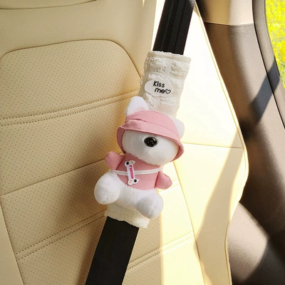 Summer car seat belt shoulder Seat belt shoulder pad - kiss-pink-denim-puppy-single