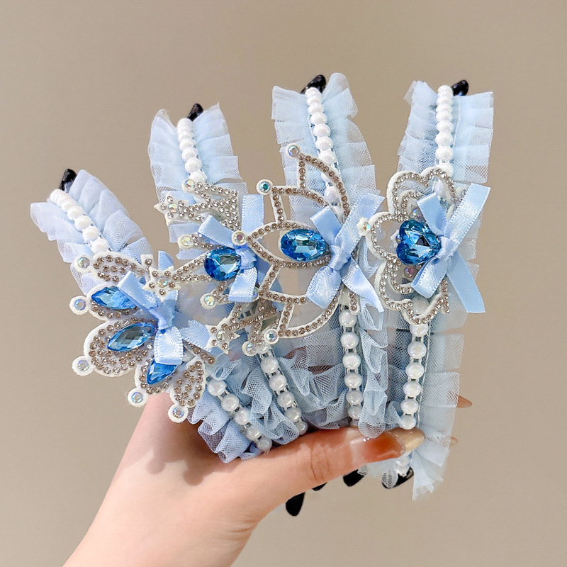 Niños princesa Aisha corona de gasa de nieve azul pinza de cola de caballo hebilla de pelo temperamento cabeza de bola de diamantes de imitación botón de pelo exquisito