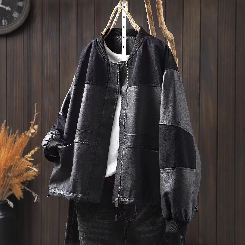 Fashionable and Stylish Pu Leather Jacket with Drawstring Hem for Women, Plus Size, Loose Casual, Elegant Color-Blocking Cardigan Jacket