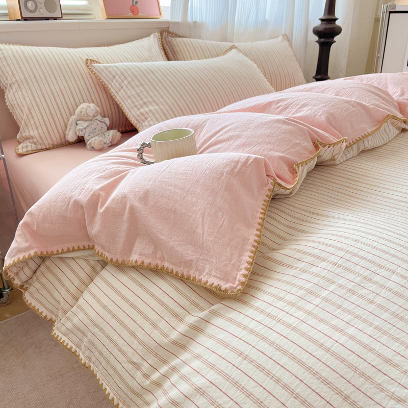 Four-piece Striped Cotton Bedding Set With Fitted Sheet For Home_voghion.com