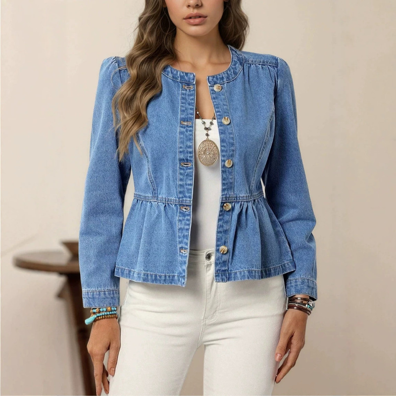 Women's Short Denim Jacket 2026 Autumn New Cross-Border European and American Casual Versatile Round Neck Puff Sleeve Top for Women