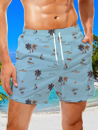 2025 Cross-border AliExpress Summer New Fashion Casual Men's Beach Pants 3D Floral Digital Printing Pull-down