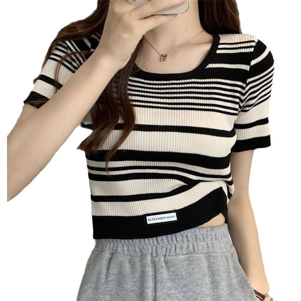 Striped short-sleeved T-shirt women's thin summer design sense niche sweater slim fit hot girl short pure Top Fashion