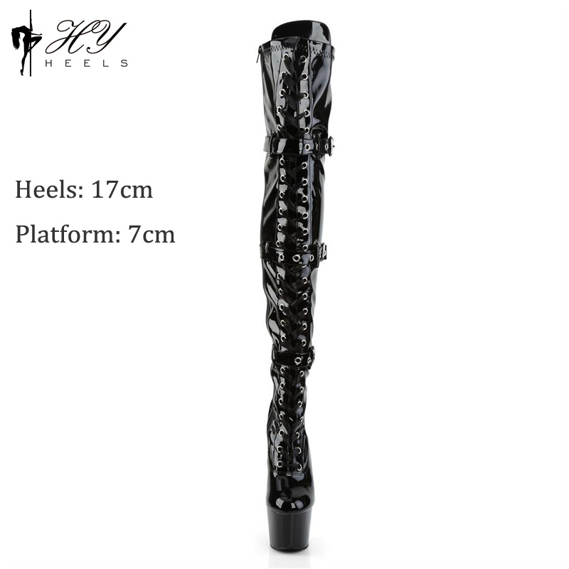 Boot nữ cao quá đầu gối ống dài 17cm, gót cao, khóa thắt lưng — Màu đen, Màu hồng, Màu trắng, Màu đỏ chi tiết 3