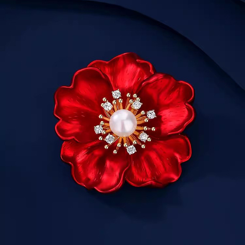 Chinese Style Red Peony Flower Corsage Brooch High-end Women's Coat Design Sense Niche Pearl Pin Suit Accessories
