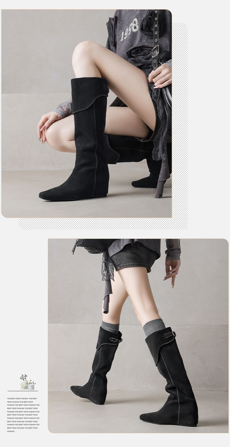 Boot nữ cổ cao da mờ phong cách Wasteland, đế xuồng tăng chiều cao, mùa thu đông — Màu nâu, xanh xám chi tiết 7