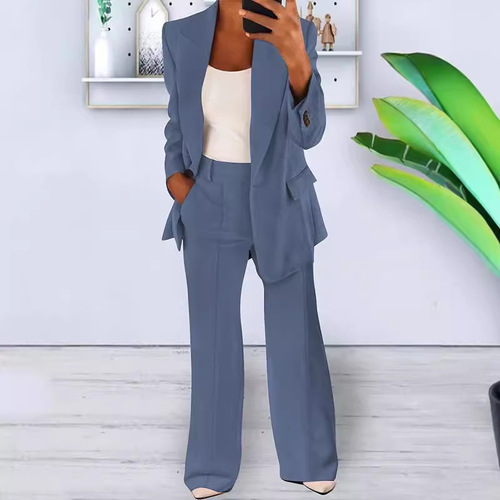 Spring and Autumn New Arrival European and American Style Fashion Solid Color Slim-Fit Cardigan Elegant Suit Jacket Women's Suit Set
