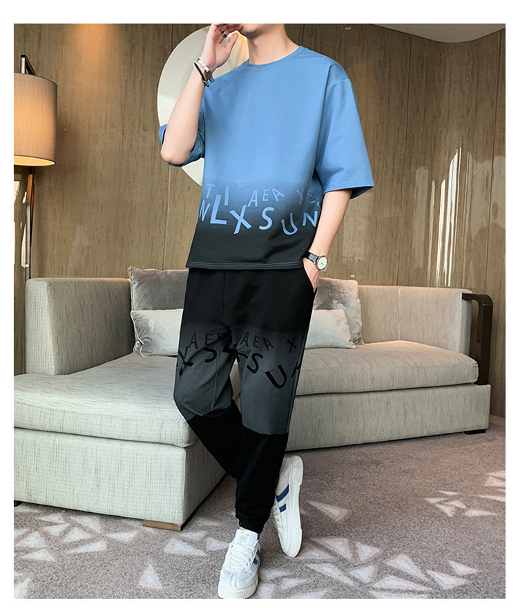 Men's Gradient Color Short Sleeve T-Shirt And Shorts Set Casual Summer Streetwear Hong Kong Style Outfit_viptrois.com