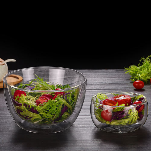 Manufacturer wholesale household double-layer glass bowl, high borosilicate heat-resistant glass tableware, transparent fruit salad bowl