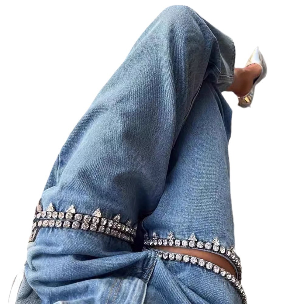 Women's Clothing Blue Ripped Straight Spring And Summer Jeans_voghion.com