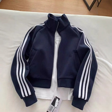 藏青色三条杠短款卫衣外套女款秋季美式运动条纹立领棒球服夹克
