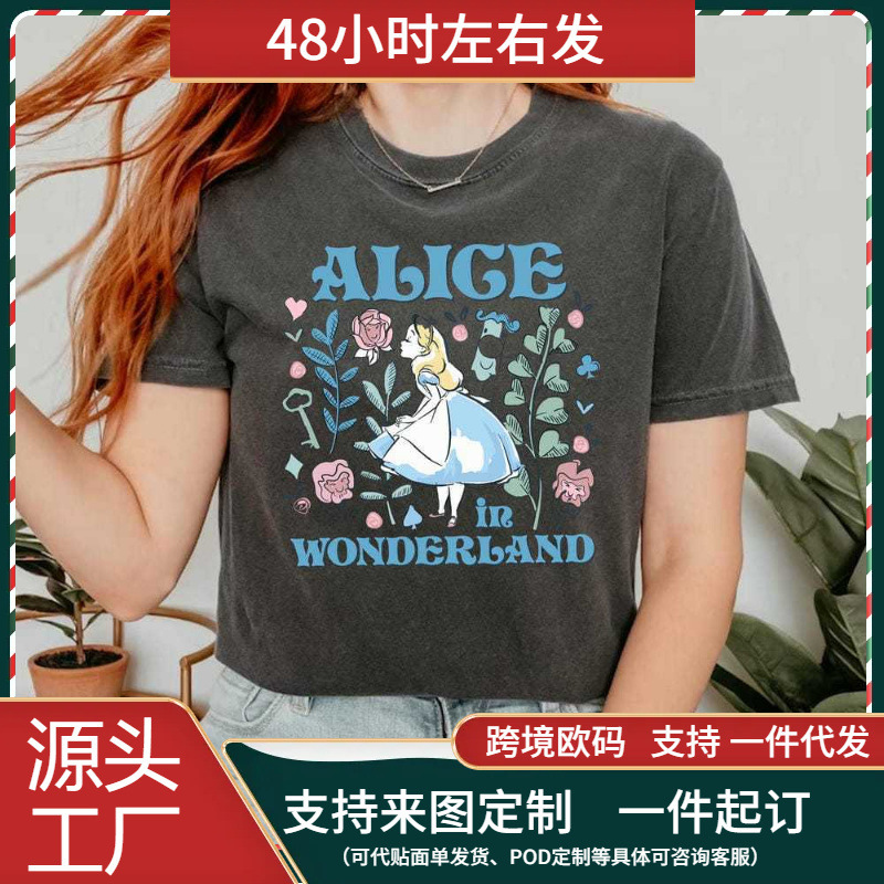 [European Size Cotton t] Alice in Wonderland Women's T-Shirt Princess Double-Sided Printing 100% Cotton Loose Retro Shirt