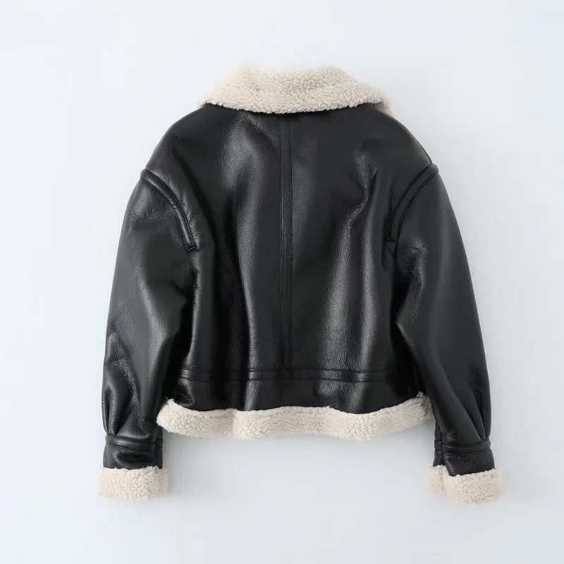 PU leather faux fur stitching long sleeve jacket NSYXB137065