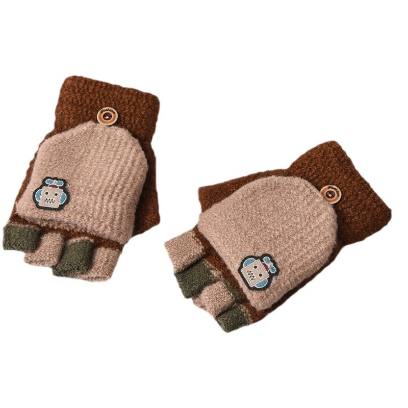 Детские флип-перчатки, осенне-зимние теплые милые трикотажные перчатки двойного назначения для мальчиков на полпальца, милые ученики начальной школы, пишущие оптом