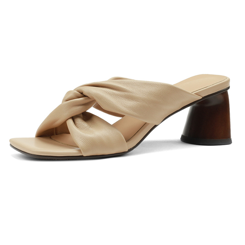Sandal cao gót nữ hở mũi da cừu đế thô gót 7 cm — Màu đậu