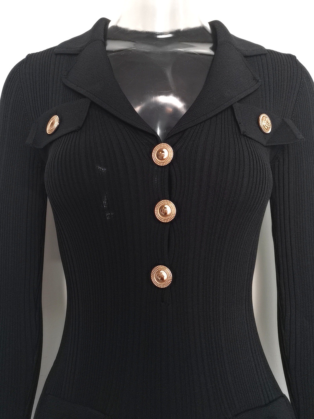 Women's Long Sleeve Blazer Collar Midi Dress Metal Buttons Rib Knit Bodycon Elegant Office Evening Wear Slip Dress_ecoleips.com
