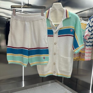 European and American Casa Knitted Short-Sleeved Sweater Suit Shorts for Men and Women, Same Style Splicing Color Export Ready Stock Loose