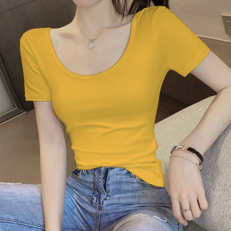 Camiseta blanca para mujer, manga corta, cuello en U, nuevo estilo de verano 2025, escote bajo, top delgado y ajustado, camiseta básica ajustada.