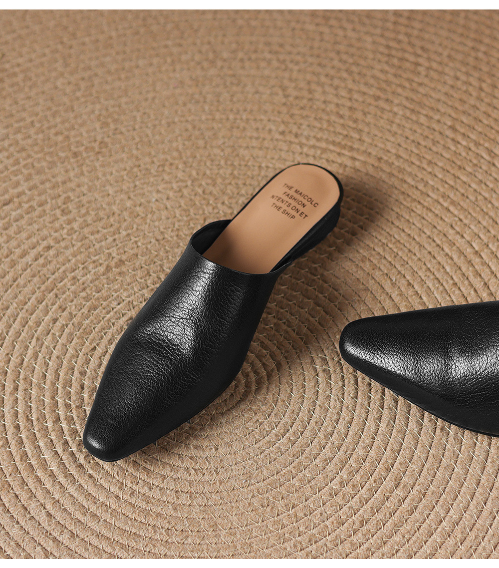 Giày mule nữ da cừu mũi vuông đế bệt — đen chi tiết 27