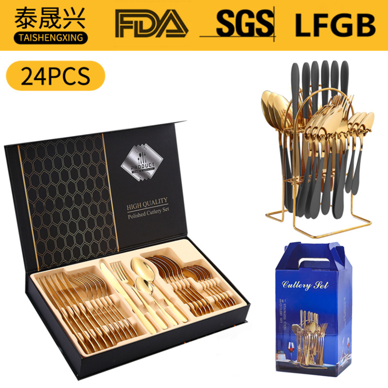 Amazon Tik Tok vajilla de acero inoxidable 24 unidades traje 1012 cuatro piezas principales occidental cuchillo, tenedor y cuchara rack caja regalo