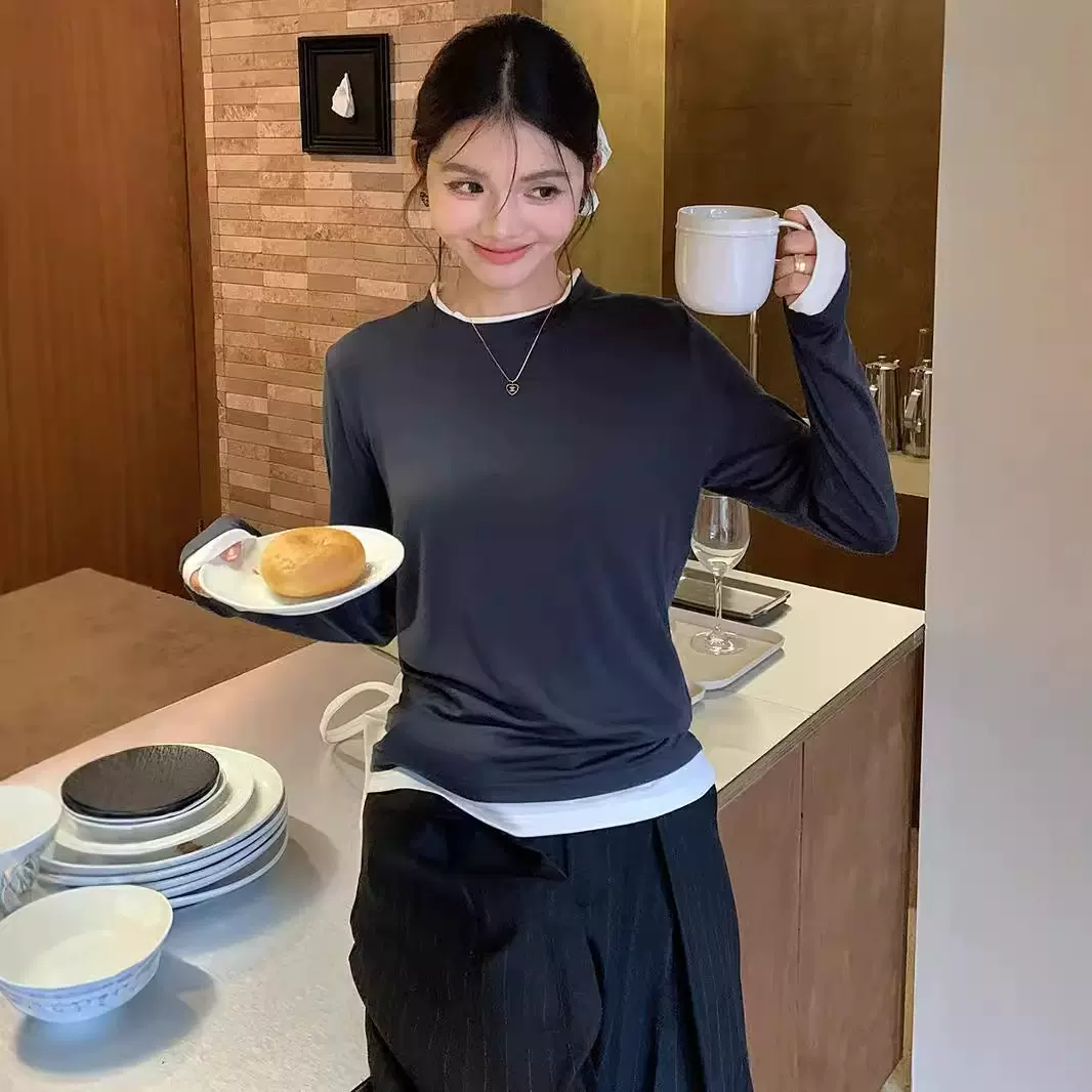 艾纯诗秋冬天丝醋酸打底衫女叠穿假两件圆领针织衫内搭简约T恤上